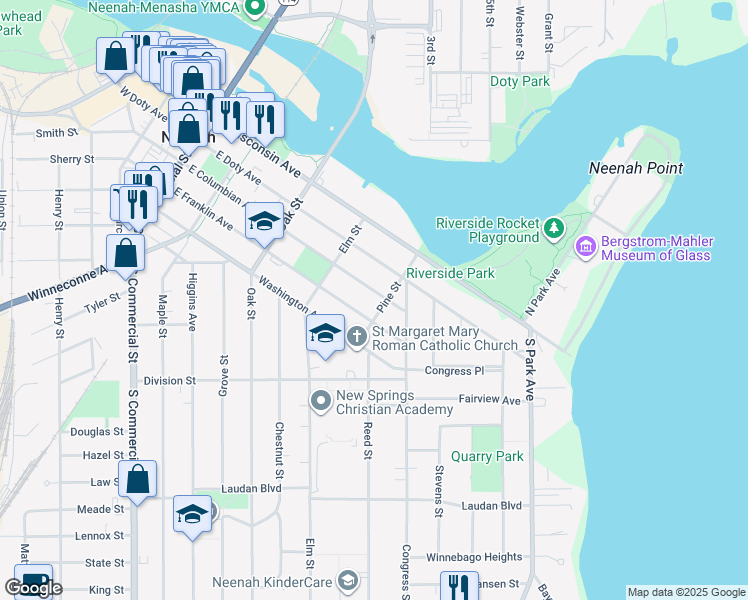map of restaurants, bars, coffee shops, grocery stores, and more near 443 East Columbian Avenue in Neenah