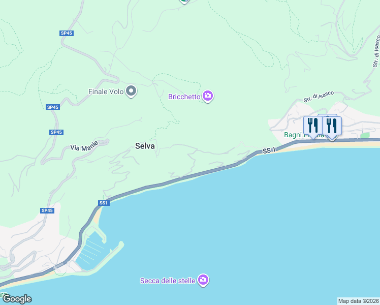 map of restaurants, bars, coffee shops, grocery stores, and more near 14 Strada della Selva in Finale Ligure