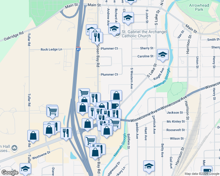 map of restaurants, bars, coffee shops, grocery stores, and more near 634 Greenfield Street in Neenah