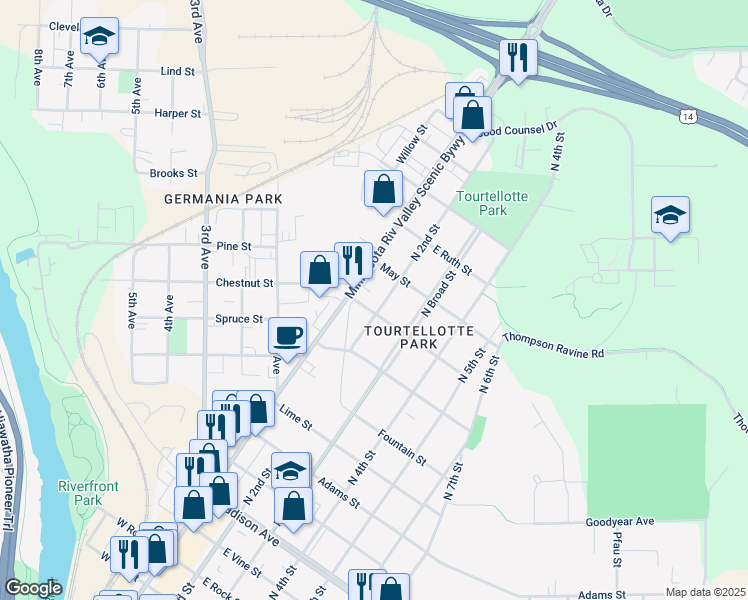 map of restaurants, bars, coffee shops, grocery stores, and more near 1508 North 2nd Street in Mankato