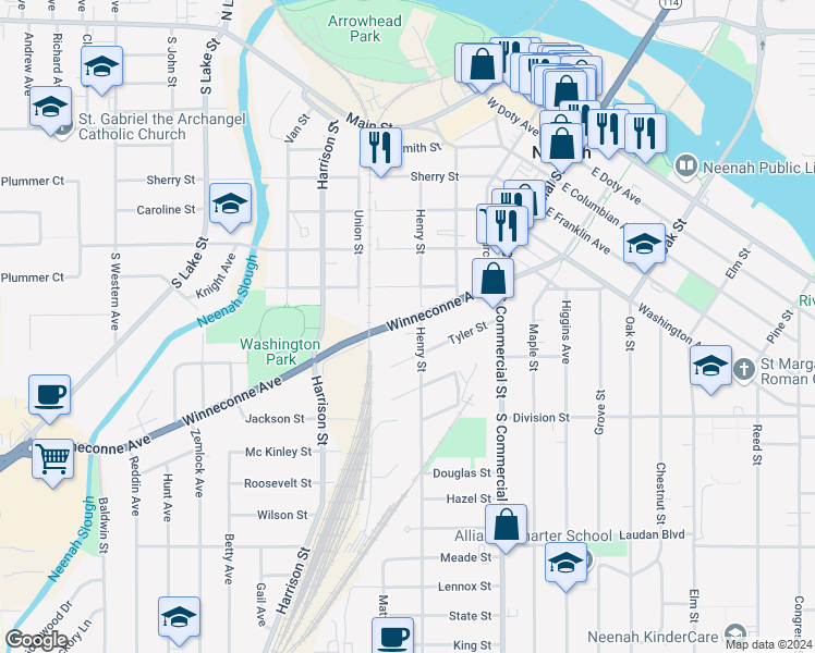 map of restaurants, bars, coffee shops, grocery stores, and more near 410 Winneconne Avenue in Neenah