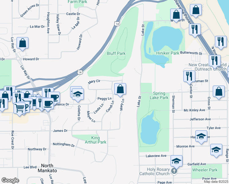 map of restaurants, bars, coffee shops, grocery stores, and more near 1510 Peggy Lane in North Mankato