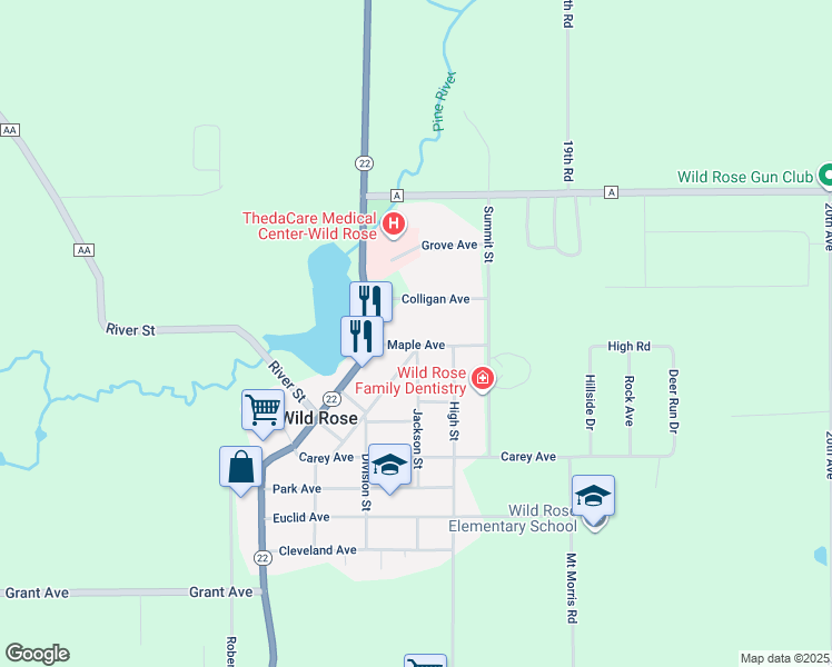 map of restaurants, bars, coffee shops, grocery stores, and more near 637 Maple Avenue in Wild Rose