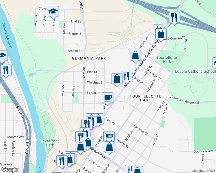 map of restaurants, bars, coffee shops, grocery stores, and more near 153 Chestnut Street in Mankato