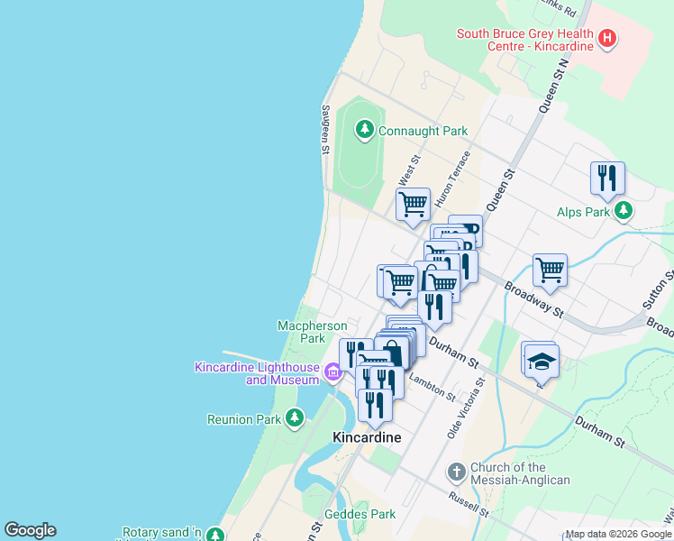 map of restaurants, bars, coffee shops, grocery stores, and more near 885 Saugeen Street in Kincardine