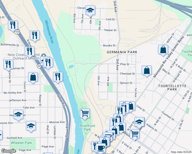 map of restaurants, bars, coffee shops, grocery stores, and more near 1514 5th Avenue in Mankato
