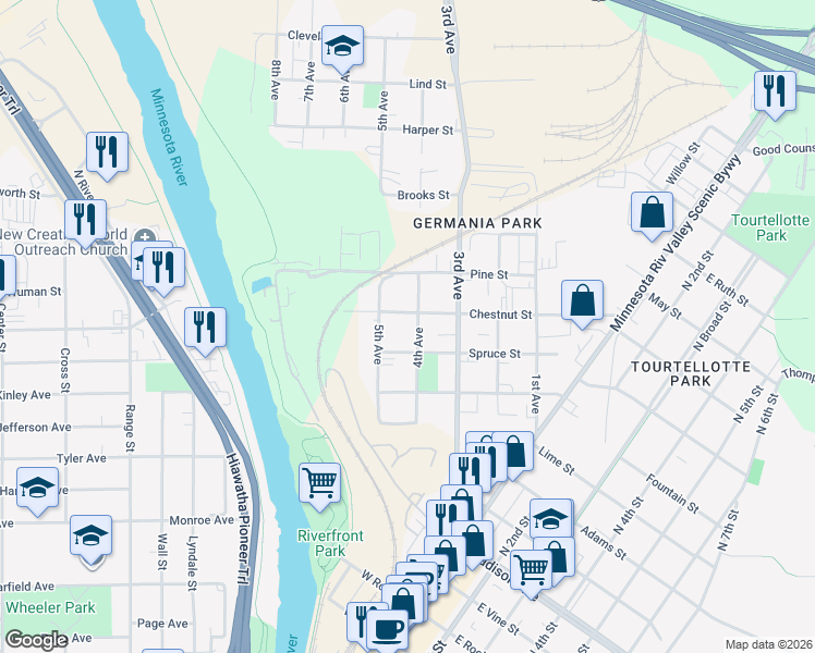 map of restaurants, bars, coffee shops, grocery stores, and more near 1520 4th Avenue in Mankato
