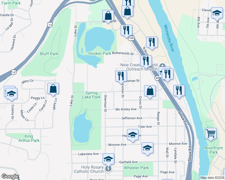 map of restaurants, bars, coffee shops, grocery stores, and more near 552 Webster Avenue in North Mankato