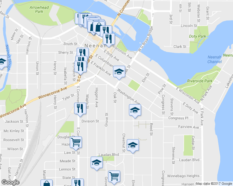 map of restaurants, bars, coffee shops, grocery stores, and more near 508 Oak Street in Neenah