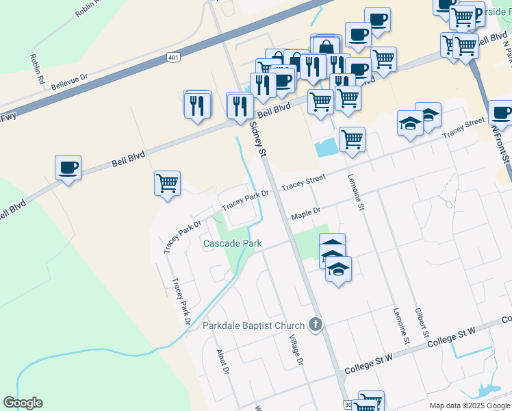 map of restaurants, bars, coffee shops, grocery stores, and more near 11 Tracey Park Drive in Belleville