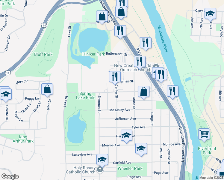 map of restaurants, bars, coffee shops, grocery stores, and more near 514 Webster Avenue in North Mankato