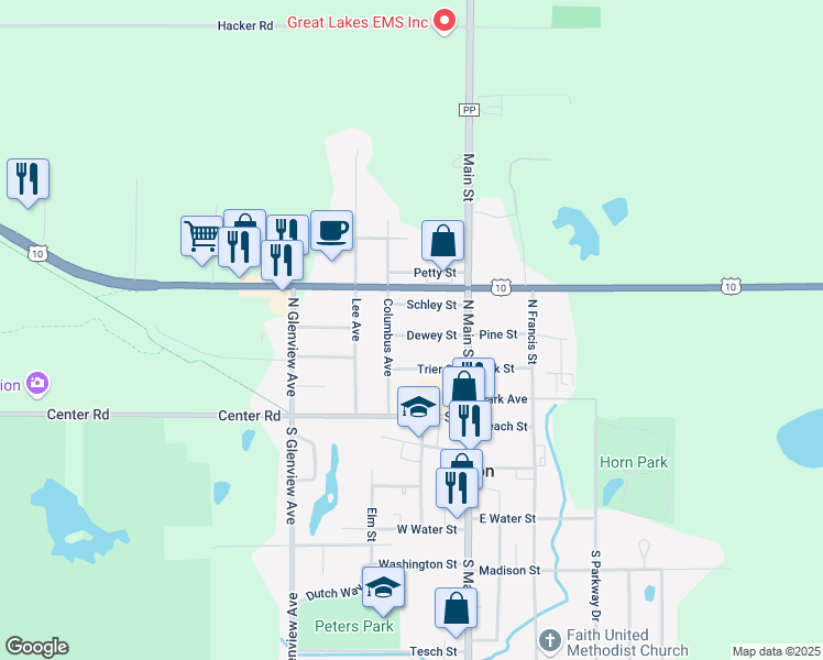 map of restaurants, bars, coffee shops, grocery stores, and more near 206 Dewey Street in Brillion