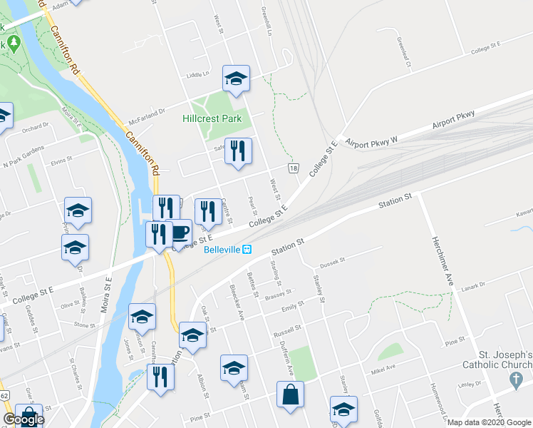 map of restaurants, bars, coffee shops, grocery stores, and more near 240 College Street East in Belleville