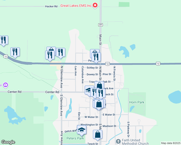 map of restaurants, bars, coffee shops, grocery stores, and more near 206 Dewey Street in Brillion