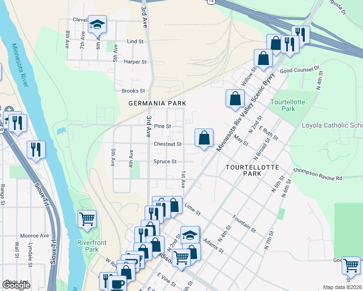 map of restaurants, bars, coffee shops, grocery stores, and more near 153 Chestnut Street in Mankato