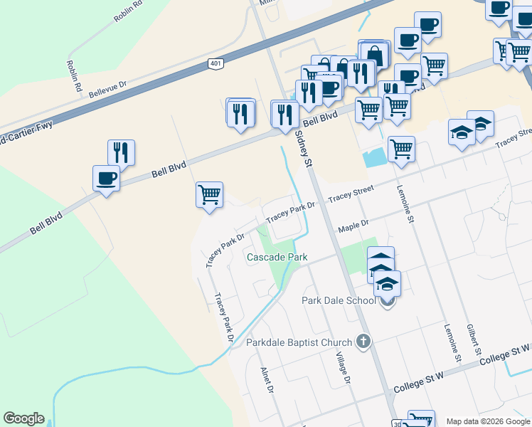 map of restaurants, bars, coffee shops, grocery stores, and more near 24 Tracey Park Drive in Belleville