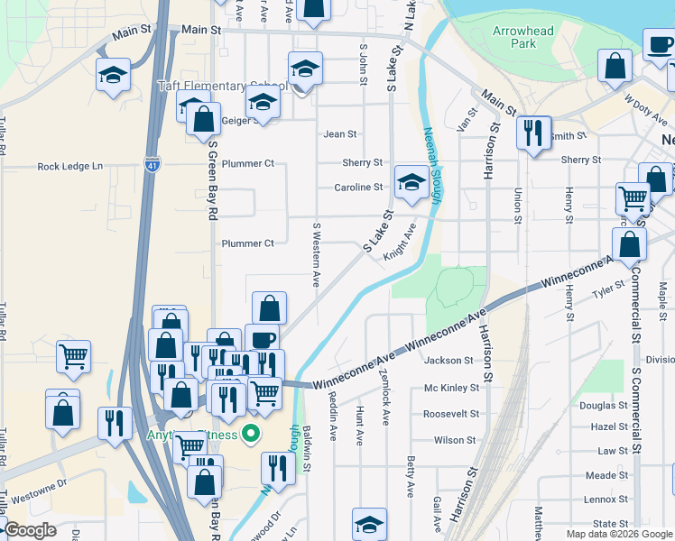map of restaurants, bars, coffee shops, grocery stores, and more near 634 South Lake Street in Neenah