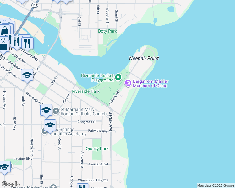 map of restaurants, bars, coffee shops, grocery stores, and more near 143 North Park Avenue in Neenah