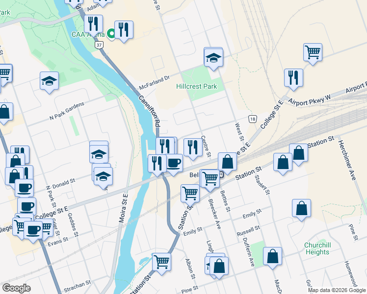 map of restaurants, bars, coffee shops, grocery stores, and more near 20 Herman Street in Belleville