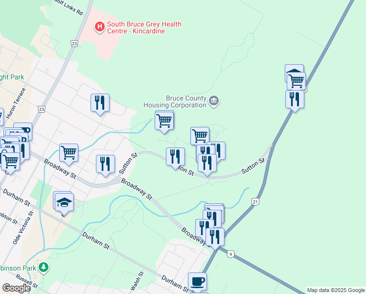 map of restaurants, bars, coffee shops, grocery stores, and more near 38 Gary Street in Kincardine