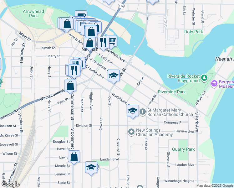 map of restaurants, bars, coffee shops, grocery stores, and more near 508 Oak Street in Neenah