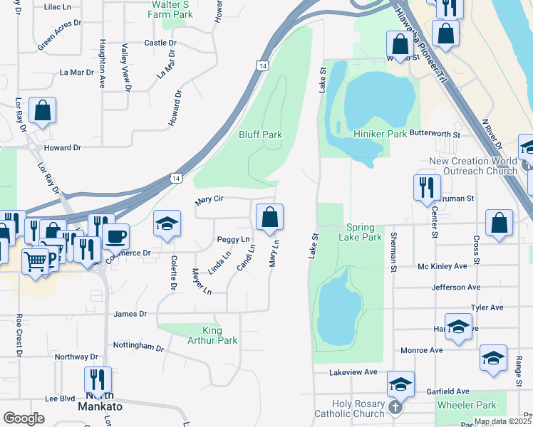 map of restaurants, bars, coffee shops, grocery stores, and more near 1510 Peggy Lane in North Mankato