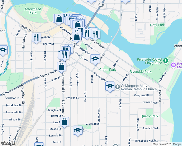 map of restaurants, bars, coffee shops, grocery stores, and more near 507 Oak Street in Neenah