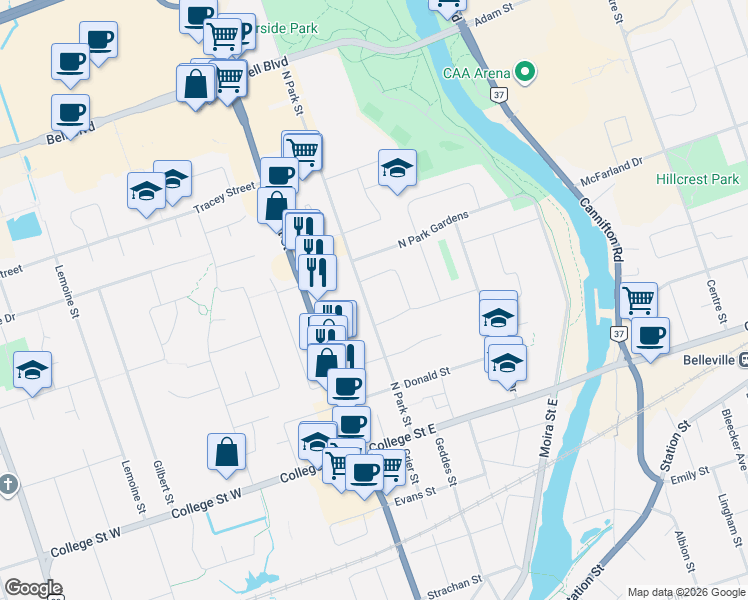 map of restaurants, bars, coffee shops, grocery stores, and more near 73 North Park Street in Belleville