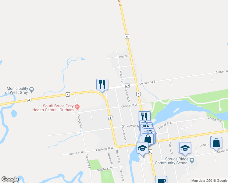 map of restaurants, bars, coffee shops, grocery stores, and more near 384 Countess Street North in Durham