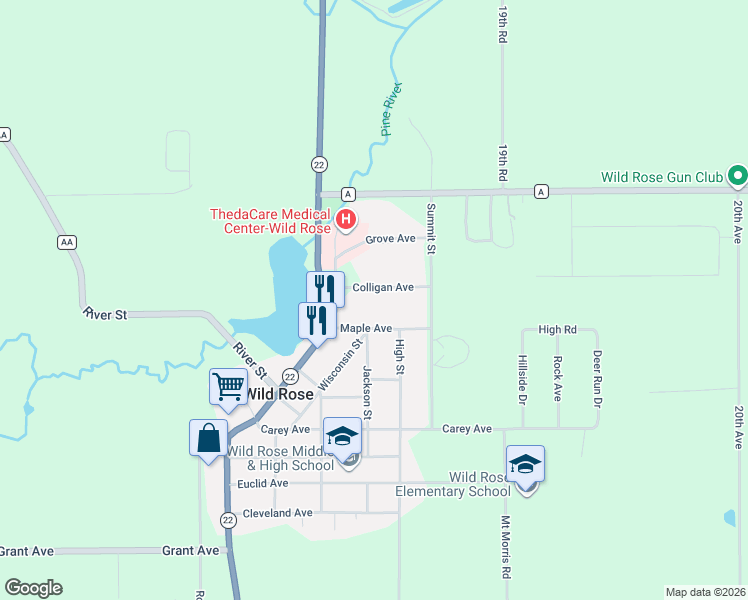 map of restaurants, bars, coffee shops, grocery stores, and more near 637 Maple Avenue in Wild Rose