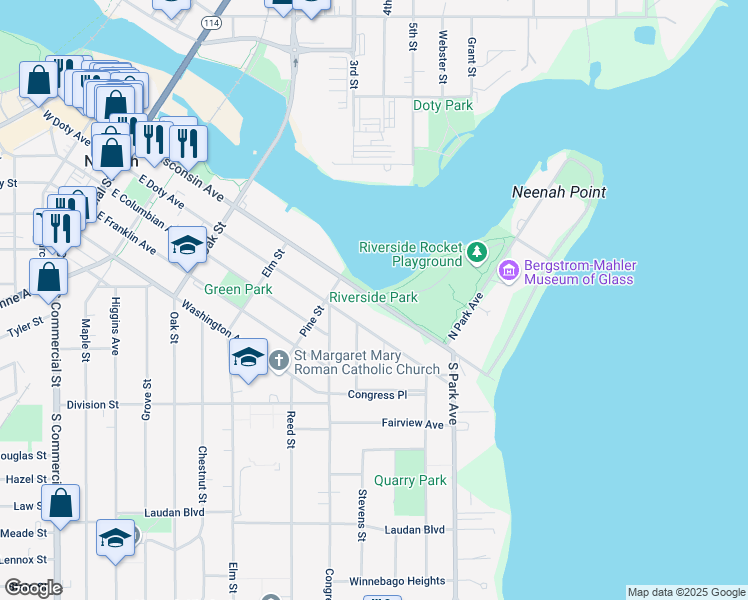 map of restaurants, bars, coffee shops, grocery stores, and more near 579 East Wisconsin Avenue in Neenah