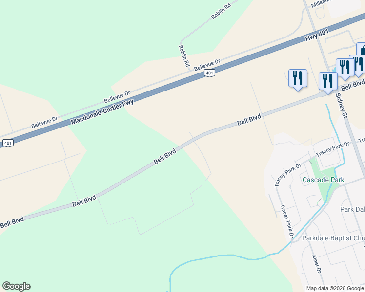 map of restaurants, bars, coffee shops, grocery stores, and more near 591 Bell Boulevard in Belleville