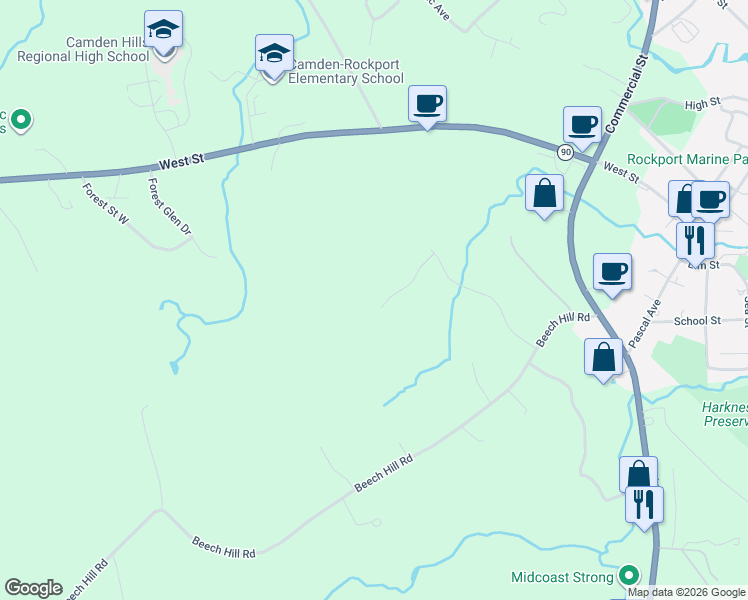 map of restaurants, bars, coffee shops, grocery stores, and more near 35 Shibles Lane in Rockport