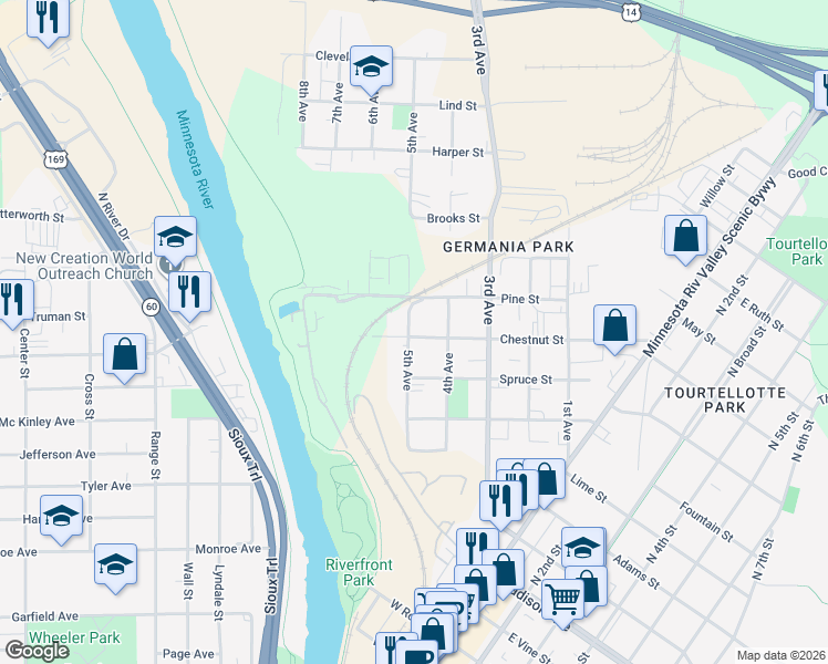 map of restaurants, bars, coffee shops, grocery stores, and more near 1514 5th Avenue in Mankato