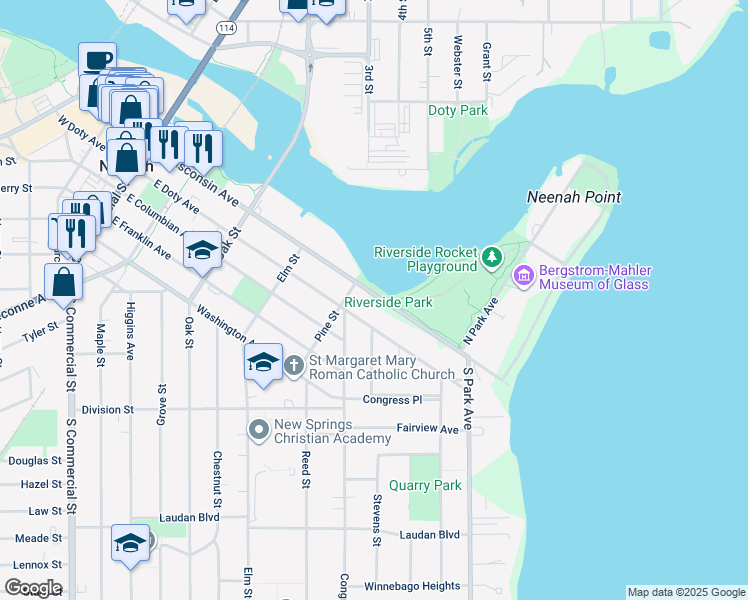 map of restaurants, bars, coffee shops, grocery stores, and more near 547 East Wisconsin Avenue in Neenah