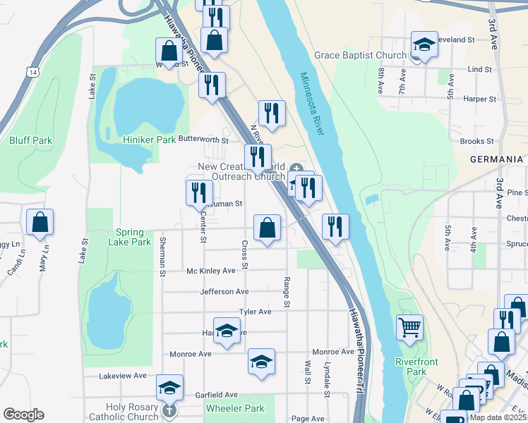 map of restaurants, bars, coffee shops, grocery stores, and more near 315 Webster Avenue in North Mankato
