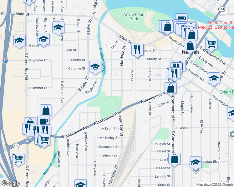 map of restaurants, bars, coffee shops, grocery stores, and more near 731 Harrison Street in Neenah