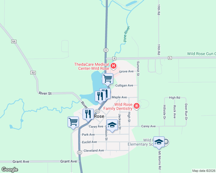 map of restaurants, bars, coffee shops, grocery stores, and more near 500 Main Street in Wild Rose