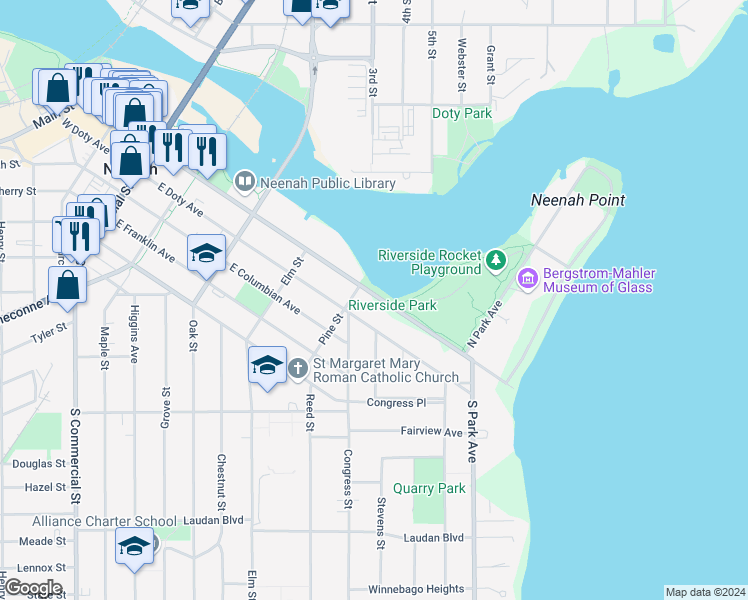 map of restaurants, bars, coffee shops, grocery stores, and more near 537 East Wisconsin Avenue in Neenah