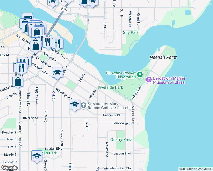 map of restaurants, bars, coffee shops, grocery stores, and more near 547 East Wisconsin Avenue in Neenah