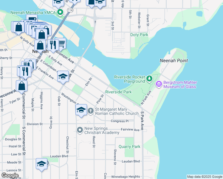 map of restaurants, bars, coffee shops, grocery stores, and more near 527 East Wisconsin Avenue in Neenah