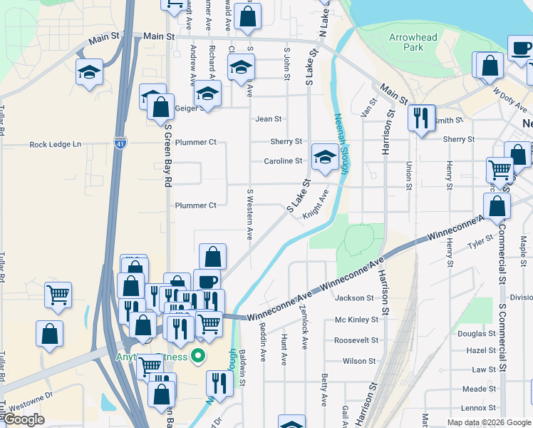 map of restaurants, bars, coffee shops, grocery stores, and more near 923 Riverlawn Street in Neenah