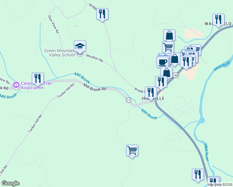 map of restaurants, bars, coffee shops, grocery stores, and more near 113 Vermont 17 in Waitsfield