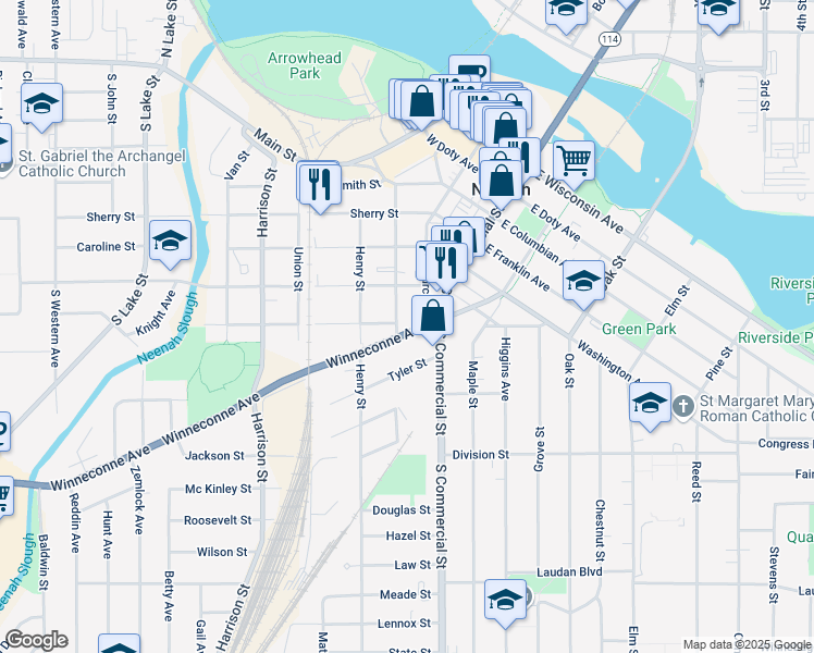 map of restaurants, bars, coffee shops, grocery stores, and more near 609 Isabella Street in Neenah
