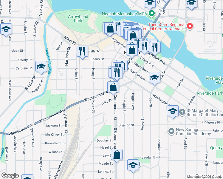 map of restaurants, bars, coffee shops, grocery stores, and more near 201 Winneconne Avenue in Neenah
