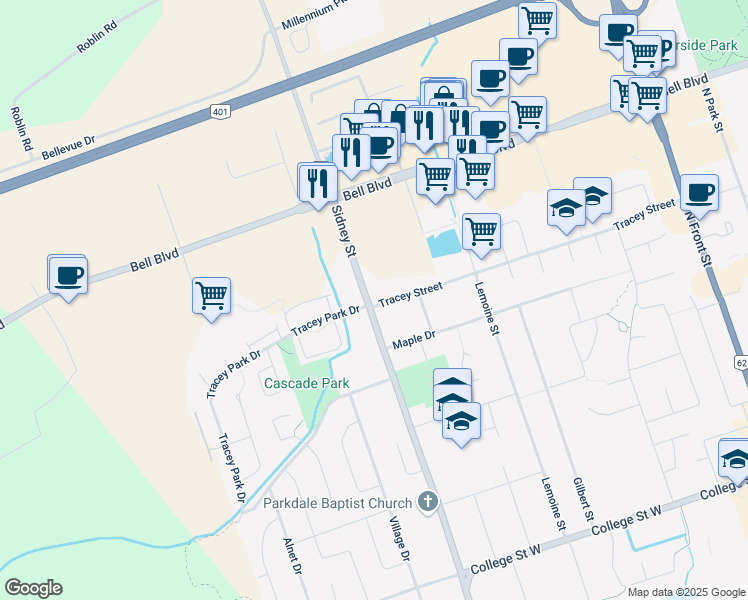 map of restaurants, bars, coffee shops, grocery stores, and more near 633 Sidney Street in Belleville