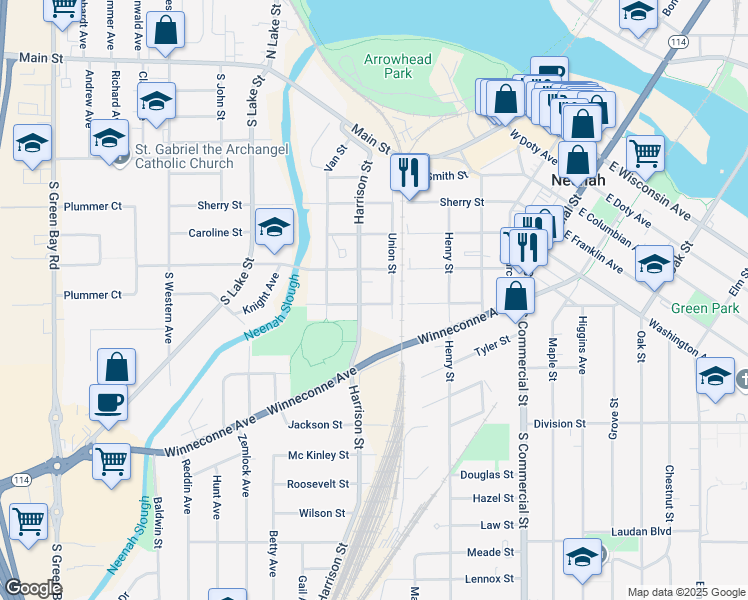 map of restaurants, bars, coffee shops, grocery stores, and more near 406 Harrison Street in Neenah