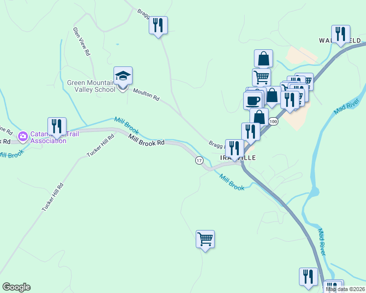 map of restaurants, bars, coffee shops, grocery stores, and more near 113 Vermont 17 in Waitsfield