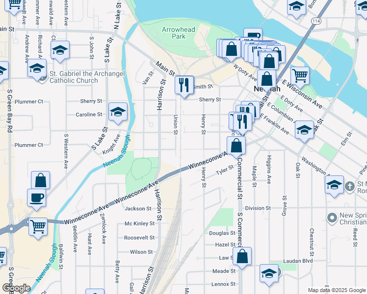 map of restaurants, bars, coffee shops, grocery stores, and more near 431 Monroe Street in Neenah