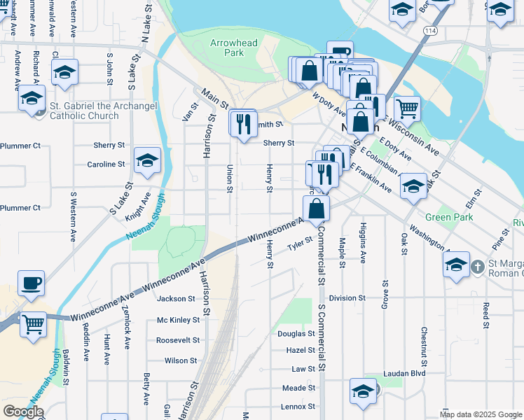 map of restaurants, bars, coffee shops, grocery stores, and more near 611 Henry Street in Neenah